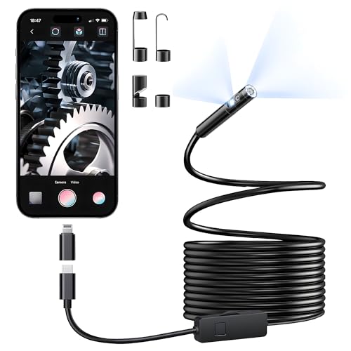 [Dual-Lens] Endoscope Camera with Light, 1920P HD Borescope with 8+1 Adjustable LED Lights, IP67 Waterproof 16.5FT Semi-Rigid Snake Cord Inspection Camera for iPhone, iPad and Android Phone (Type C) - style: 1-interface