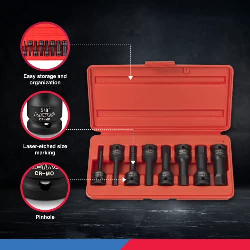 NEIKO 01137B 1/2-Inch-Drive Allen Socket Set, 3-Inch Length, 1/2-Inch Impact Hex-Bit Socket Set, SAE Hex Driver 1/4" to 3/4", CrMo Steel, Impact-Grade, 8-Piece Set - style: SAE