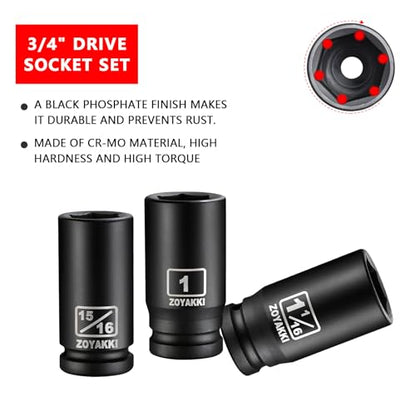10 PCS 3/4" Drive Impact Lug Nut Socket, SAE 15/16"-1-1/2" Deep CR-MO Socket Set With Case for Impact Driver - size: 3/4" SAE 10PC Set