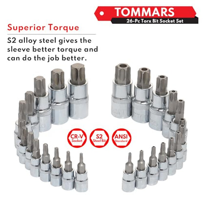 TOMMARS 26-PC Torx Socket Set, Torx Star Tamper Proof Security Bit | T10-T70 & TT10-TT70,1/4", 3/8", 1/2" Drive, S2 Steel Bits, CRV Sockets - style: Torx and Torx Tamper Proof Bit Socket
