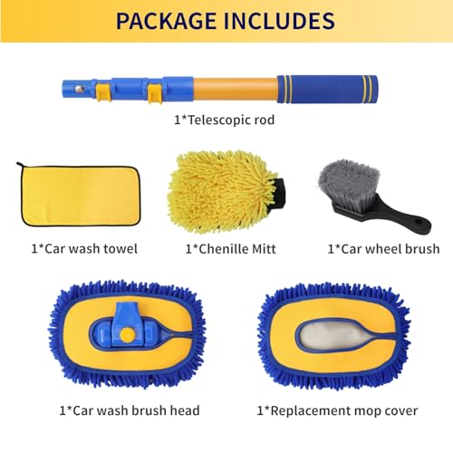 5PCS Car Wash Brush with Long Handle, 15°Curved Car Cleaning Brush with Replaceable Head Cover, Truck Washing Brushwith Telescopic Handle Wash Mop Kit (Blue) - color: Blue