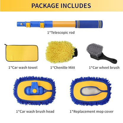 5PCS Car Wash Brush with Long Handle, 15°Curved Car Cleaning Brush with Replaceable Head Cover, Truck Washing Brushwith Telescopic Handle Wash Mop Kit (Blue) - color: Blue