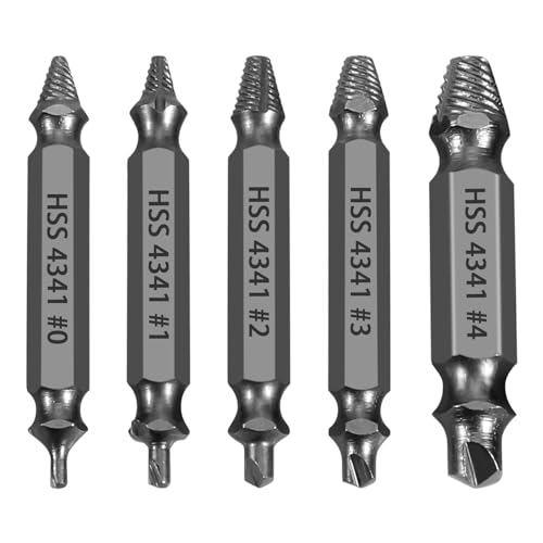 Damaged Screw Extractor Set, 5-Piece HSS 4341 Drill Bit Kit, Sizes #0-#4, Dual-Ended Design, for Stripped, Broken, and Rusty Screws, Grey Industrial Finish with Storage Cas