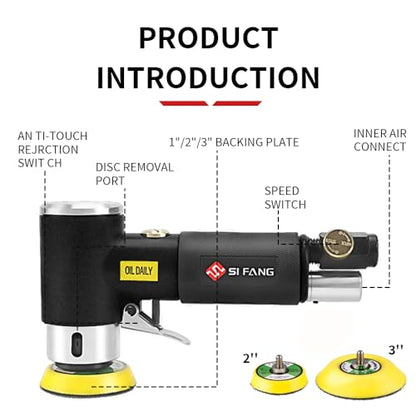 SI FANG 1'' 2'' 3'' Mini Random Orbital Air Sander Kit, High Speed Pneumatic DA Sanders Polisher for Auto Body Work, Includes 27Pcs 1/2/3in Polishing Sponge & Wool Pads, 15Pcs Sandpapers (Black) - style: 1"2"3" Buffer&Sander Kit