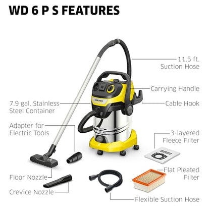 Kärcher Shop Vacuum WD 6 P S, 7.9 Gal, 6.2 Peak HP, 37 ft Reach, Wet Dry Vacuum Cleaner, Heavy Duty, Blower Function, Crevice Tool, Floor Nozzle Great for DIY Projects and Workshops - style: WD 6 P S