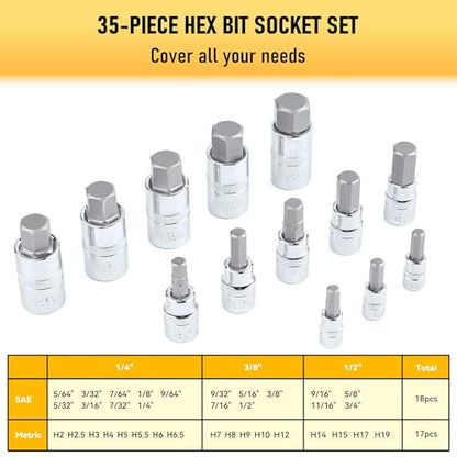 107-Piece Master Torx & Allen Bit Socket Set, S2 Steel, 1/4" 3/8" 1/2" Drive, Long Torx, Ball End Hex, Tamper-Resistant Star, E-Star Sockets, SAE & Metric (Chrome-Polished Set)