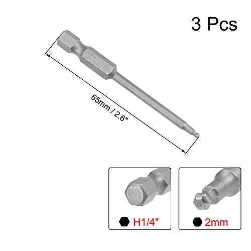 uxcell 3 Pcs H2 (2mm) Ball End Screwdriver Bits, S2 Steel Magnetic 2.6 Inch Long Drill Bit with 1/4 Inch Hex Shank - style: H2
