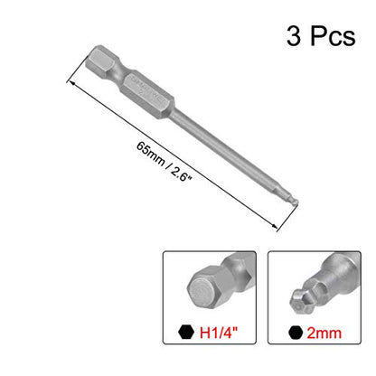 uxcell 3 Pcs H2 (2mm) Ball End Screwdriver Bits, S2 Steel Magnetic 2.6 Inch Long Drill Bit with 1/4 Inch Hex Shank - style: H2