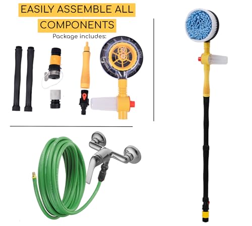 Rotating Car Wash Brush with Soap Dispenser & Hose Attachment Soft Bristle Car Spin Mop Washing Scrub Brush with Long Handle Water Flow Through High Pressure Car Cleaning Brush Kit Car Wash Hose