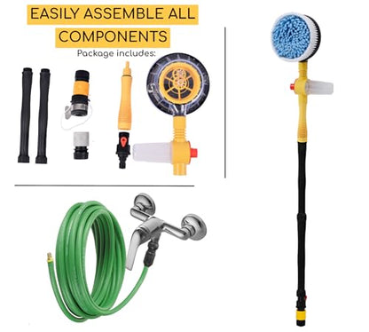 Rotating Car Wash Brush with Soap Dispenser & Hose Attachment Soft Bristle Car Spin Mop Washing Scrub Brush with Long Handle Water Flow Through High Pressure Car Cleaning Brush Kit Car Wash Hose