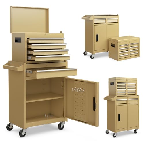 ERGOMASTER 5-Drawer Rolling Tool Cabinet with Detachable Top Toolbox, Lockable Wheels, Lock Bar, Protective Liner & Tool Rack, Metal Tool Storage Cart for Garage Workshop-Yellow - color: Yellow, size: 5-Drawers