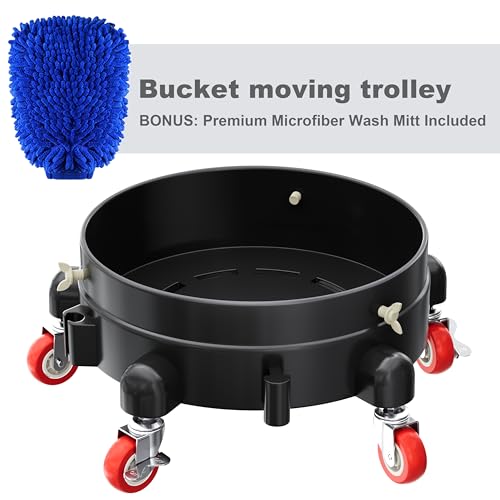 Heavy Duty 5 Gallon Bucket Dolly with 5 Swivel Casters, Professional Rolling Water Bucket Creeper for Car Detailing & Washing, 310 lbs Capacity, 2 Locking Brakes, Includes Premium Wash Mitt