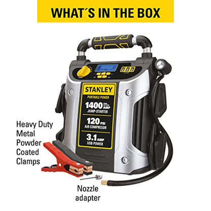 Stanley J7C09D 1400 Peak Amp Automotive Jump Starter, Portable Power – Triple 15W USB Ports, 120 PSI Air Compressor for Tires & Sports Equipment - size: 1400 Amps