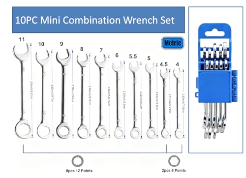 Small Wrench Set, 10-Piece Mini Combination Wrench Set, Ignition Wrench, Micro&Thin, Metric Size: 4mm, 4.5mm, 5mm, 5.5mm, 6mm, 7mm, 8mm, 9mm, 10mm, 11mm, with Unique Wrench Organizer (Blue) - size: METRIC