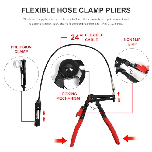 9PCS Hose Clamp Pliers for Fuel Oil and Water Hoses, Long Reach Hose Clamp Remover Kit with Flexible Wire Clic R Type Swivel Jaw Flat Band Pliers Set
