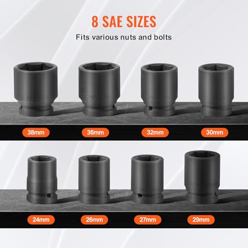 VEVOR Axle Nut Impact Socket Set - 3/4" Drive 6-Point 8-Piece Metric Spindle Nut Socket CR-MO Heat Treated Large Socket Set with Storage Case for Auto Repair, Removing or Installing Axle Nuts - style: 3/4" 8PCS Metric CR-MO