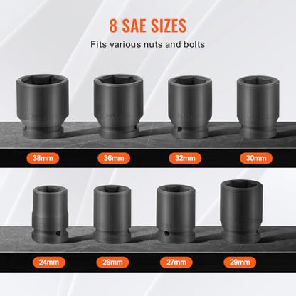 VEVOR Axle Nut Impact Socket Set - 3/4" Drive 6-Point 8-Piece Metric Spindle Nut Socket CR-MO Heat Treated Large Socket Set with Storage Case for Auto Repair, Removing or Installing Axle Nuts - style: 3/4" 8PCS Metric CR-MO