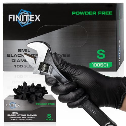 FINITEX Industrial Diamond Texture Nitrile Black Glove - 100/1000PCS Chemical Resistant 8mil Mechanic Disposable Gloves - color: Black (Small 100)