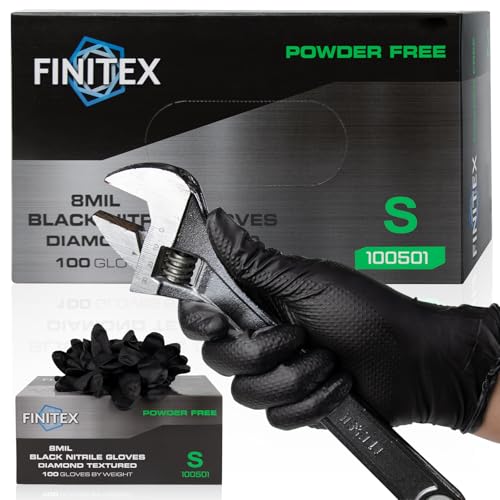 FINITEX Industrial Diamond Texture Nitrile Black Glove - 100/1000PCS Chemical Resistant 8mil Mechanic Disposable Gloves - color: Black (Small 100)