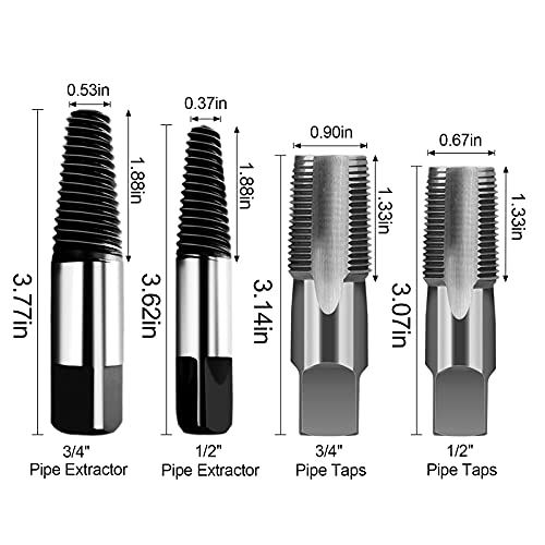 4 Pcs 1/2" - 3/4" Water Pipe Extractor NPT Taps Set, Water Pipe Triangle Valve Repair Kit, Manual Broken Pipe Remover Thread Repair Tool with Storage Case Bonus a Pipe Seal Tape, Carbon Steel - size: B 1/2" - 3/4"