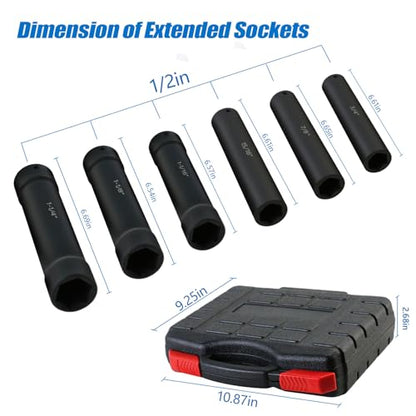 1/2 Inch Drive Extended Length Impact Socket Set - Ryansunoro 1/2 Impact Socket Set with 6 Sizes 3/4", 7/8", 15/16", 1-1/16”, 1-1/8", 1-1/4" Extra Deep Socket Set Kit, Mechanical Equipment Maintenance