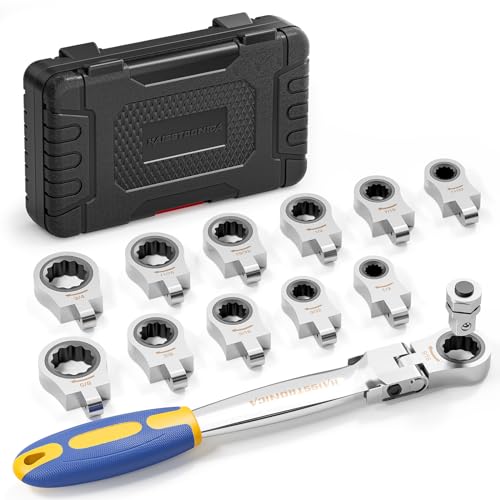 haisstronica 13pcs Flex-Head Ratcheting Combination Wrench Set with 3/8 in Adapter, SAE 1/4-3/4 inch Ratchet Wrench Tool for Auto, Tools for Men Gifts - size: SAE-12 in 1