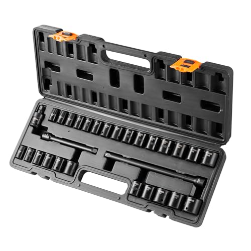VEVOR 3/8" Drive Impact Socket Set, 29 Piece Shallow Socket Set SAE 3/8"-1" and Metric 8-22mm, 6 Point CR-V Alloy Steel for Auto Repair, Easy-to-Read Size Markings, Rugged Construction, Storage Case - style: 3/8" 29PCS CR-MO