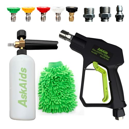 Short Pressure Washer Gun with Foam Cannon,High Pressure Wash Foam Gun with 1/4 Inch Quick Connector,5 Pressure Washer Nozzle Tip