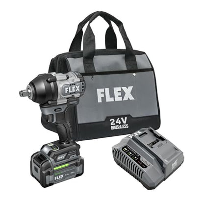 FLEX 24V Brushless Cordless 1/2-Inch 750 Ft-Lbs Mid-Torque Impact Wrench Kit with 5.0Ah Lithium Battery and 160W Fast Charger - FX1451-1C