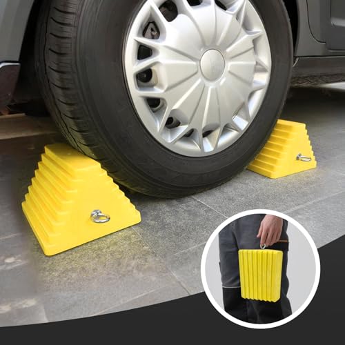 HOXWELL Premium 4 pcs Heavy Duty Wheel Tire Chocks, Vehicle Chocks with Eyebolt for Travel Trailers, Camper, Truck, Car and ATV 4 Pack, Yellow - color: Yellow-4 pcs