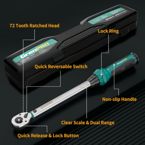 GRENPRO 1/2" Drive Click Torque Wrench 10–150 Ft.Lb – Dual-Direction Adjustable with Dual Range Scales, 72-Tooth Precision Ratchet, ±3% Accuracy – for Bike, Motorcycle, Car Repair & DIY Maintenance - size: 1/2inch 10-150 Ft.Lb