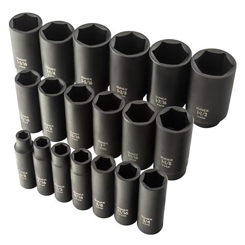 SUNEX TOOLS 2641, 1/2 Inch Drive Deep Impact Socket Set, 19-Piece, SAE, 3/8" - 1-1/2", Cr-Mo Alloy Steel, Radius Corner Design, Dual Size Markings, Heavy Duty Storage Case