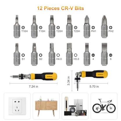 SHARDEN Ratcheting Multi Bit Screwdriver - 13-in-1 Tool Set, Flat Head/Square/Torx/Hex/Phillips, 180 Degree Pivoting Adjustable Angle Magnetic Screwdriver - color: Yellow