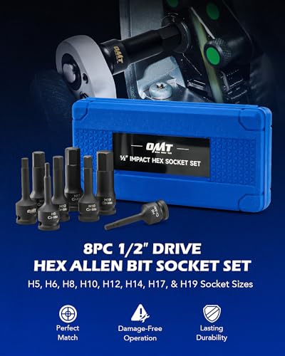 Orion Motor Tech Hex Allen Bit Sockets, 8pc 1/2" Drive Impact Allen Bit Socket Set with H5 H6 H8 H10 H12 H14 H17 & H19 Sockets, Cr-Mo Steel Impact Metric Allen Socket Set for Socket Head Cap Bolt - style: Hex Allen Bit Socket Set