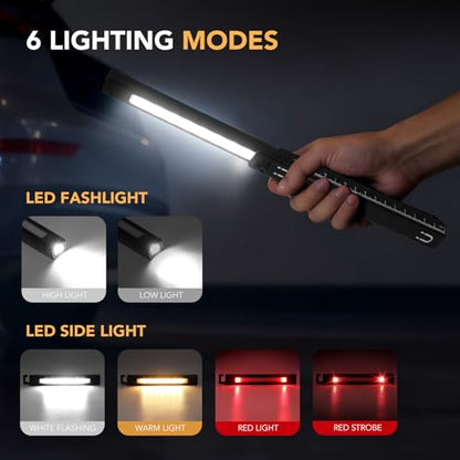 Rechargeable Work Light, LED Pen Work Light with 180° Rotate Foldable Design, Portable Work Lights Magnetic Back and Hook Work Flashlight for Car Repairing, 4 Lighting Modes, USB C Cable, Pack of 1