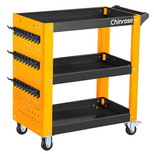 3 Tier Rolling Tool Cart on Wheels Load Capacity of 1000 LBS | Two Lockable Universal Wheels Mechanic Storage Organizer, With Pegboard, For Garage, Workshop, Warehouse - color: Black&yellow