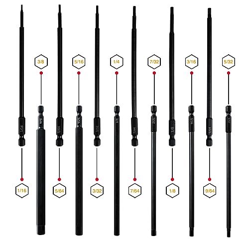 6" Long Allen Hex Bit Set (12 Pack of Drill Bits with Case) 6 Inch Allen Key Hex Bits in The Following SAE Sizes 1/16" 5/64", 3/32", 7/64", 1/8", 9/64", 5/32", 3/16", 7/32", 1/4", 5/16", 3/8 - style: Extra Long Hex Bits