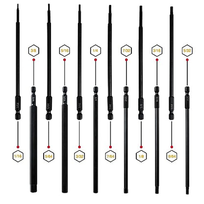 6" Long Allen Hex Bit Set (12 Pack of Drill Bits with Case) 6 Inch Allen Key Hex Bits in The Following SAE Sizes 1/16" 5/64", 3/32", 7/64", 1/8", 9/64", 5/32", 3/16", 7/32", 1/4", 5/16", 3/8 - style: Extra Long Hex Bits