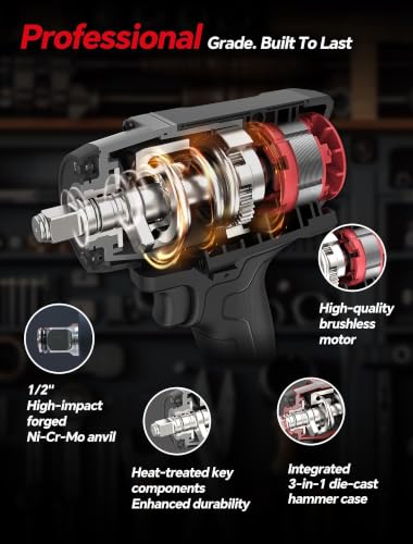 ROTAKE 20V Heavy-Duty 1/2" Cordless Impact Wrench Kit, 1380 FT-LBS, TB3 | 5.0Ah Battery, Professional Brushless Motor, 3-in-1 Unibody Hammer Housing, Soft Start, 4A Rapid Charger, Hard Carrying Case - size: 1/2" (1380 ft-lbs) TB3