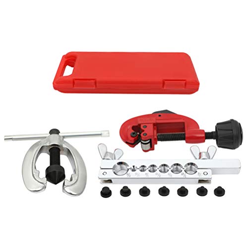 SCITOO Double Brake line Flaring Tubing Tool and Pipe Brake Line Cutter Tool Set for Copper Aluminum Steel Brass, 7 Dies 3/16"-5/8"