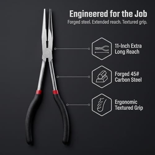 SEUNMUK 11 Inch Extra Long Needle Nose Pliers, Pack of 4, Long Reach Needlenose Pliers with Nonslip Handle, Straight Pliers for Mechanics, Technicians, and Home Repairing