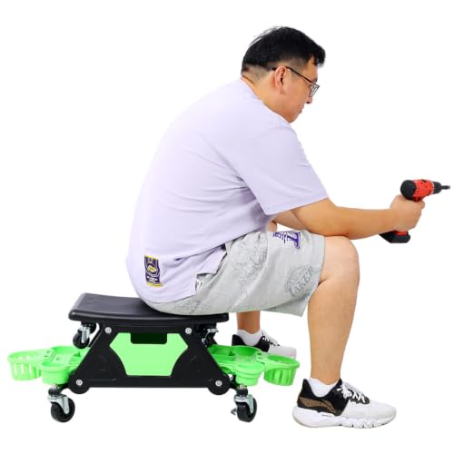 Mechanic Creeper Seat, Rolling Garage Stool with Detachable Cushion, Storage Drawer, Tool Trays, 300 lbs Heavy Duty, 360° Swivel Wheels for Auto Repair Workshop, Green