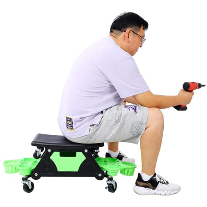 Mechanic Creeper Seat, Rolling Garage Stool with Detachable Cushion, Storage Drawer, Tool Trays, 300 lbs Heavy Duty, 360° Swivel Wheels for Auto Repair Workshop, Green