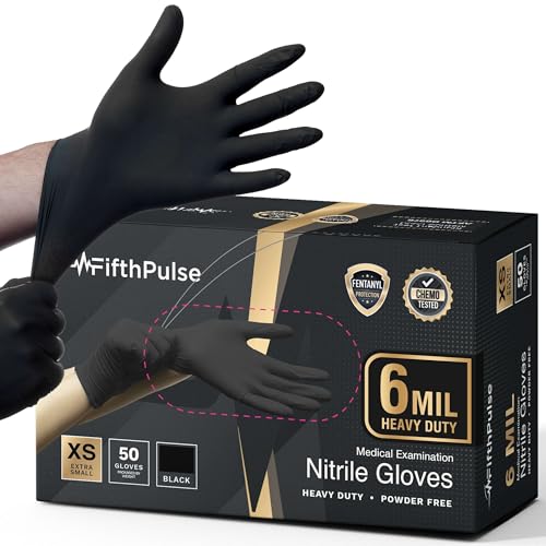 FifthPulse 6 Mil Black Nitrile Gloves, Heavy Duty Mechanic and Food Grade Glove - Powder-Free, Latex-Free Medical Exam Gloves - style: X Small