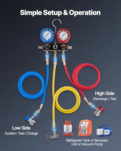 VEVOR AC Manifold Gauge Set for R134a R404A R1234yf R22 Refrigerant, 3 Way AC Gauge with 5 ft Hoses, Adapters, Quick Couplers, Can Taps for Automotive Air Conditioning Maintenance, Charging Evacuation - size: R134a/R404A/R1234yf/R22, style: 3 Way with Box
