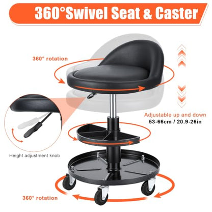 300lbs Mechanic Stool, Adjustable with Dual Tool Tray & Backrest, 5 Casters with Brakes Ensure Stability, Rolling Stools with Wheels Swivel Seat, Garage Stool for Auto Repair, Workshop Black