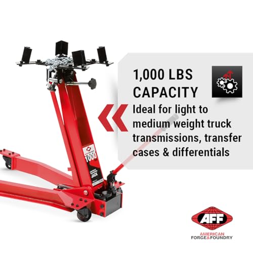 AFF Low Profile Manual Hydraulic Transmission Jack - Heavy Duty Steel Body, Adjustable Saddle with Safety Chain & 360 Handle - For Transmissions, Transfer Cases & Differentials (Multiple Capacities) - size: 1000 lbs Capacity