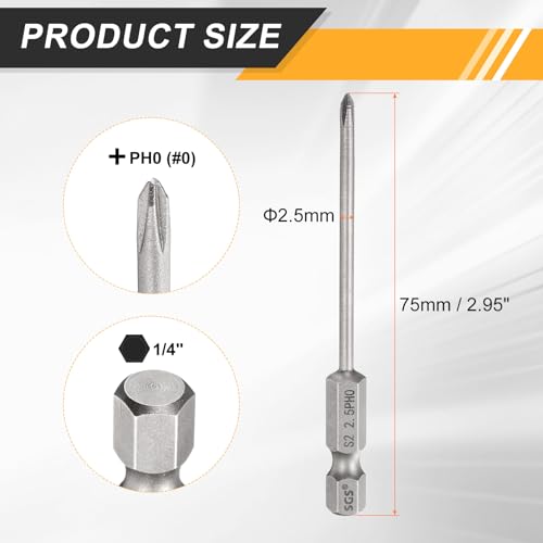 HARFINGTON 4pcs #0 Phillips Screwdriver Bit PH0 1/4" Hex Shank 3" (75mm) Long 0.1" Rod Magnetic Cross Head Drill Bits S2 Steel Industrial Screw Driver for Electric Power Tools, Gray - size: PH0 x 3" x 0.1"