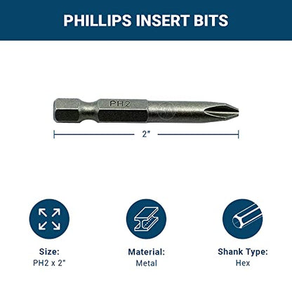 Benchmark Abrasives 1/4 Inch Hex Anti Slip Phillips Insert Screw Head Screwdriver Bits, Rotary Drill Bits for Repairing Electronics, Automotive Parts, Furniture (50 Pack) - (PH2 x 2") - size: PH2 x 2"
