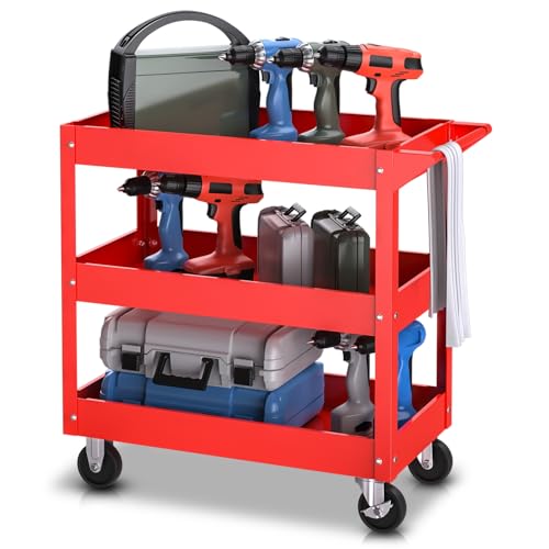 Auto Dynasty 3-Tier Rolling Service Cart 220 lbs Capacity Tool Cart on Wheels Heavy Duty Utility Cart for Warehouse, Garage and Mechanic Work, Red - size: 220lbs